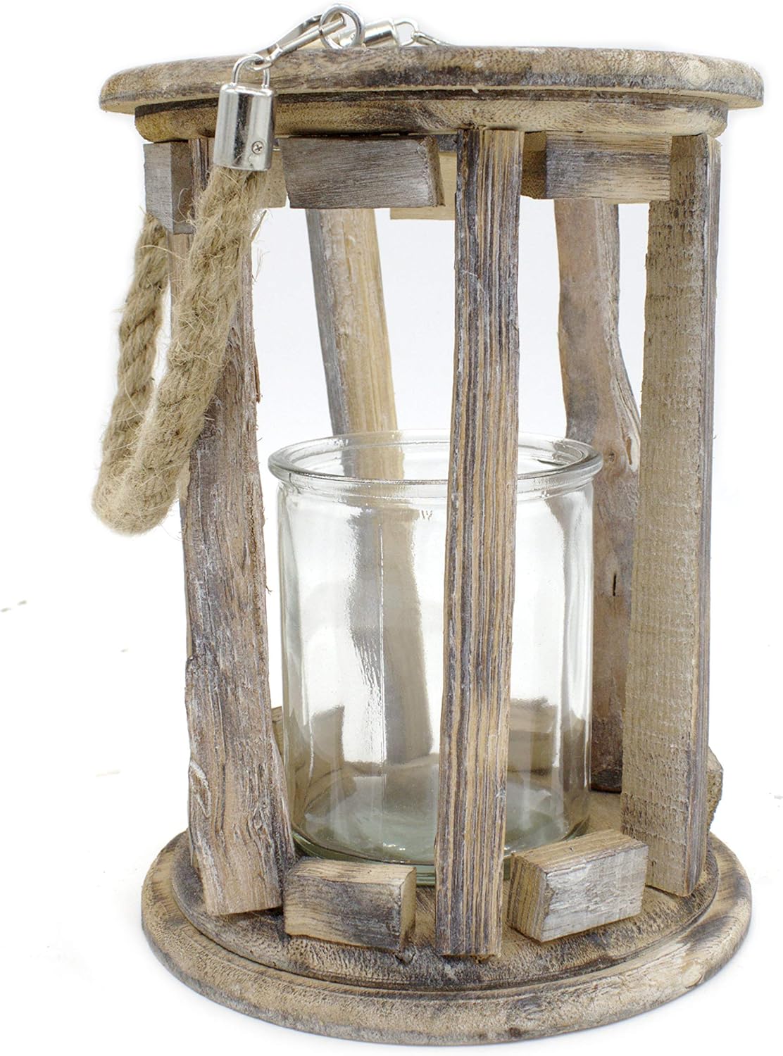 DARO DEKO Holz-Laterne mit Kerzenglas und Seil-Griff S - Ø 14 x 19cm