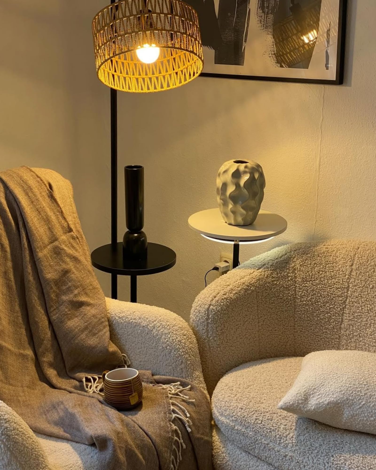LuminexDesigns Stehlampe Wohnzimmer Vintage Rattan - Stehleuchte Schwarz Retro E27 mit Ablage Höhenverstellbar 176CM Boho Standleuchte mit 2M Kabel Fußschalter Beige Standlampe für Schlafzimmer 7