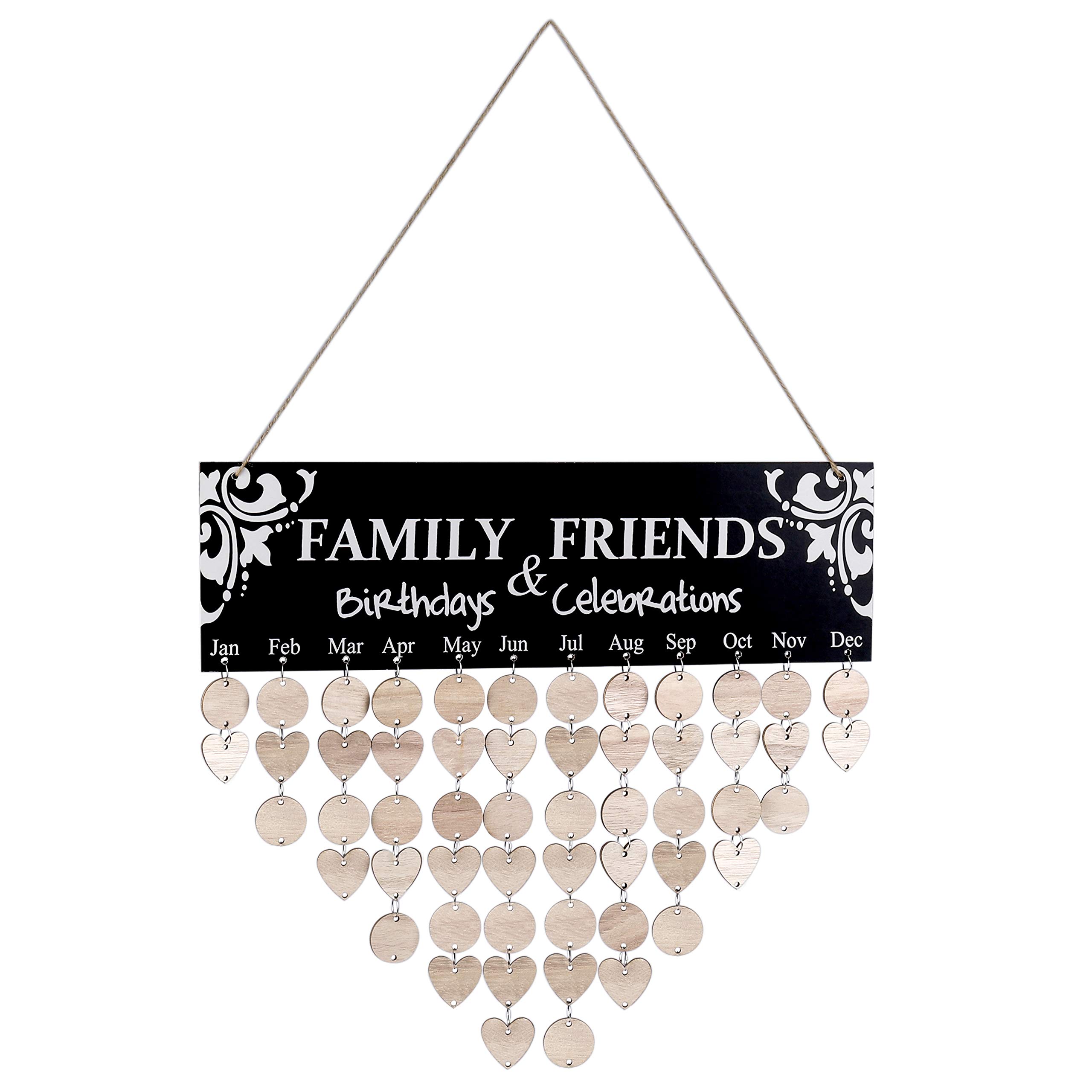 MengH-SHOP Family Birthday Board Wooden Calendar Wall Hanging Plaque Board with 50 Pieces Blank Board for Home Office Decoration Black