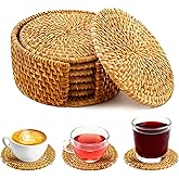 6Pcs Handmade Rattan Coasters with Holder -Woven Coasters for Drinks, Round Rattan Coaster, Rustic Farmhouse Wooden Coffee Table Decor, Kitchen, Dining Room, Housewarming Gift (Brown A)