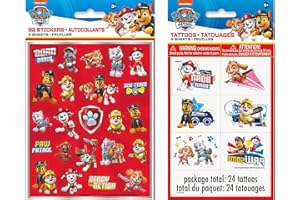 Paw Patrol Lot de 24 tatouages temporaires + 92 autocollants à thème avec Chase, Skye et Marshall | Fournitures d'anniversair