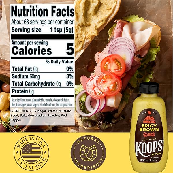 KOOPS’ SPICY BROWN MUSTARD – SPICY MUSTARD, GLUTEN-FREE, KOSHER, MADE IN USA, FROM QUALITY MUSTARD SEEDS, DELICIOUS AND BOLD FLAVOR – 12 OZ, PACK OF 1