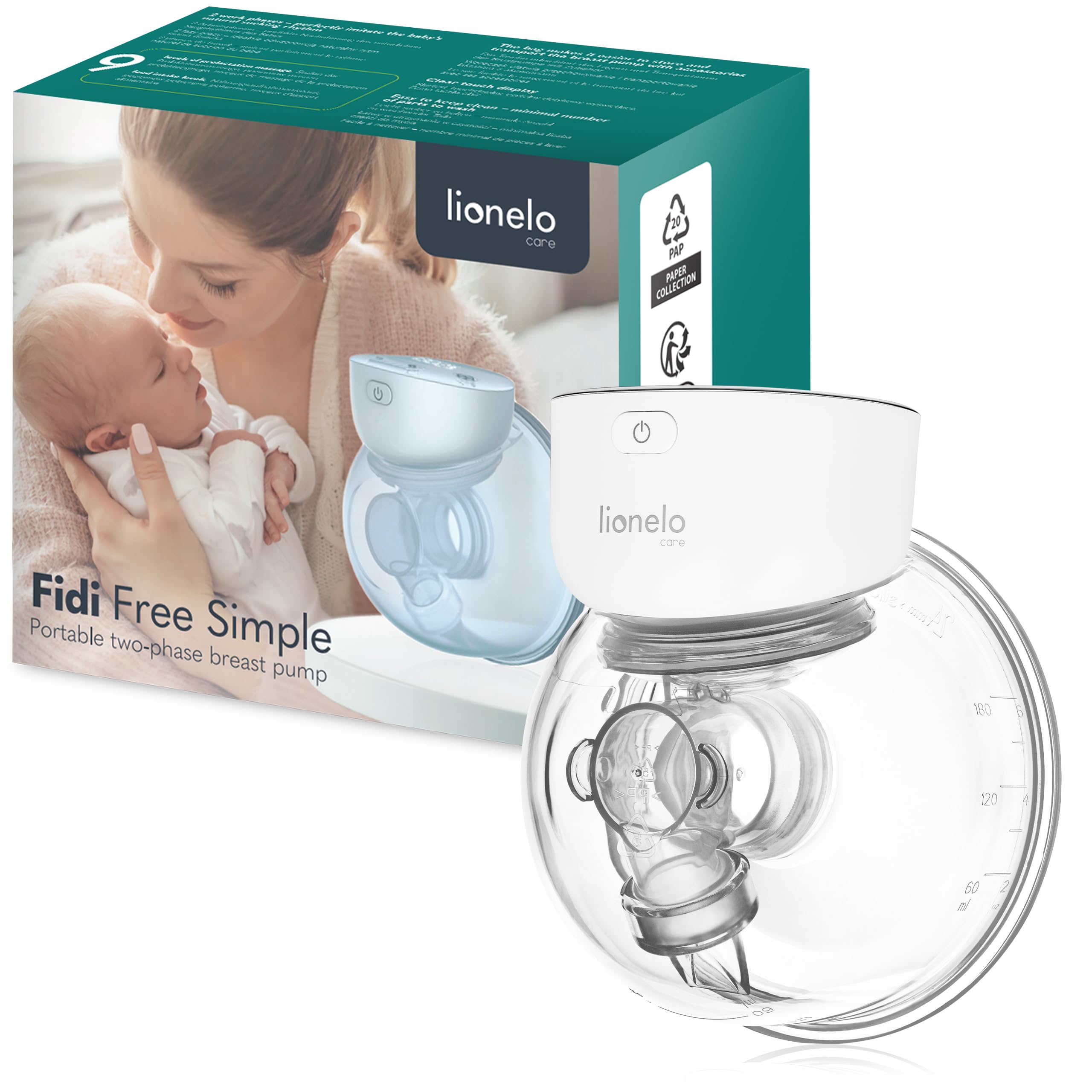 Lionelo Fidi Free Simple Hands-Free Electric Breast Pump, Portable 2-Phase Milk Pump with 9 Massage Levels, 5 Silicone Flanges, LED Display, 180ml Capacity, Energy-Saving, BPA-Free
