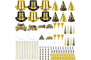 Demonwer 69 Pcs New Year's Eve Party Supplies Parper Top Hat Headband Cone Hats Party Blowers Fringed Noise Makers Bead Neckl