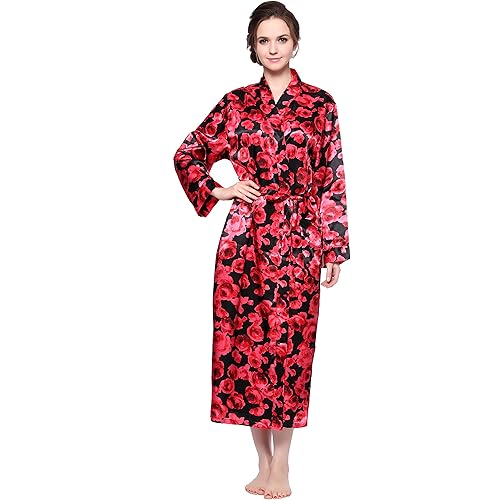 Lavenderi Women's Long Classic Satin Kimono Lounge Bathrobe Robe