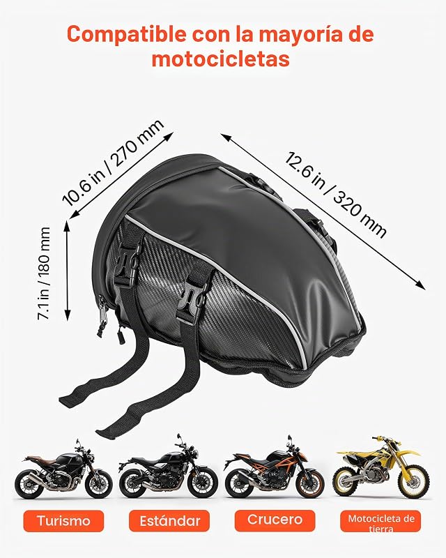 Bolsa traseira de banco de mota de 10 L, com capa impermeável contra a chuva, com alça de ombro e bolso interior, para bagageiro de motocicleta, 320 x 270 x 180 mm, preto