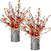 Mimorou 2 Set Fall Thanksgiving Table Centerpiece Decoration Artificial Autumn Flowers with Vintage Vase 6 Pcs Pumpkin Berry Picks 2 Pcs Metal Vases for Thanksgiving Harvest Indoor Outdoor Home