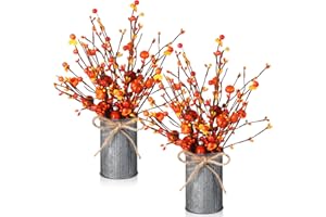 Mimorou 2 Set Fall Thanksgiving Table Centerpiece Decoration Artificial Autumn Flowers with Vintage Vase 6 Pcs Pumpkin Berry Picks 2 Pcs Metal Vases for Thanksgiving Harvest Indoor Outdoor Home