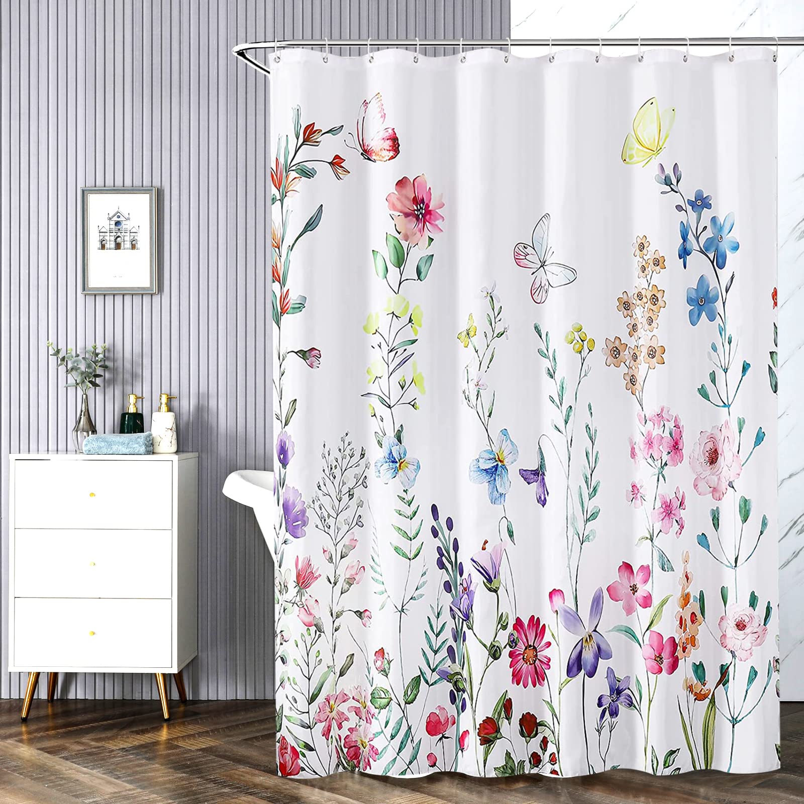 REZAYMRS Flower Shower Curtains with 12 Hooks, Polyester 180 x 200 cm Waterproof Shower Curtain for Bathroom, Weighted Hem, Bathtubs, Hotel Curtain, Machine Washable, Quick Drying