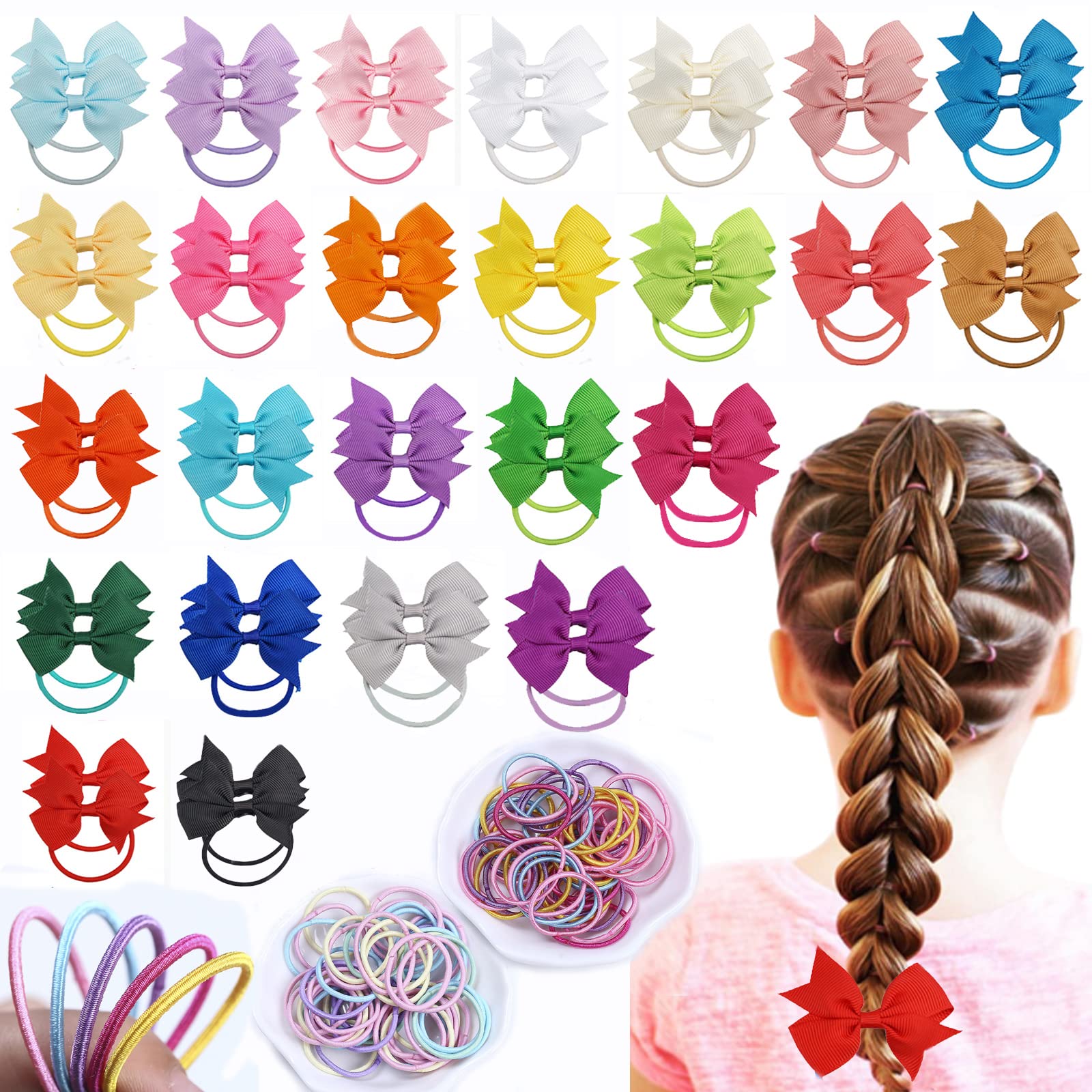 50pcs Kids Hair Bands & Bows, 2.36 Inch Elastic Hair Ties for Girls & Toddlers