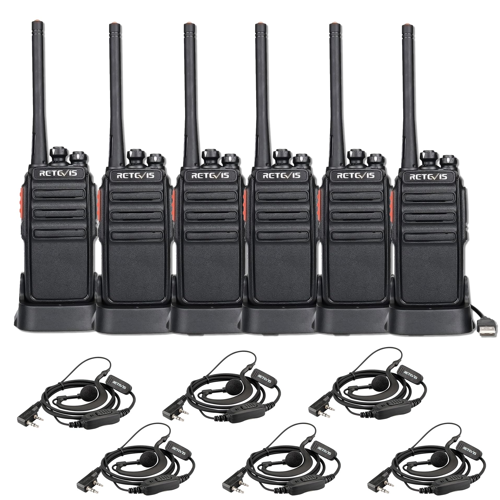 Retevis RT24 2 Way Radio, Loud Audio, 10h Use, PMR446 Walkie Talkies Long Range, 16 Channels, Rechargeable Walkie Talkies with 6 Earpieces and USB Charging Base for School, Retail Store (6 Pack)
