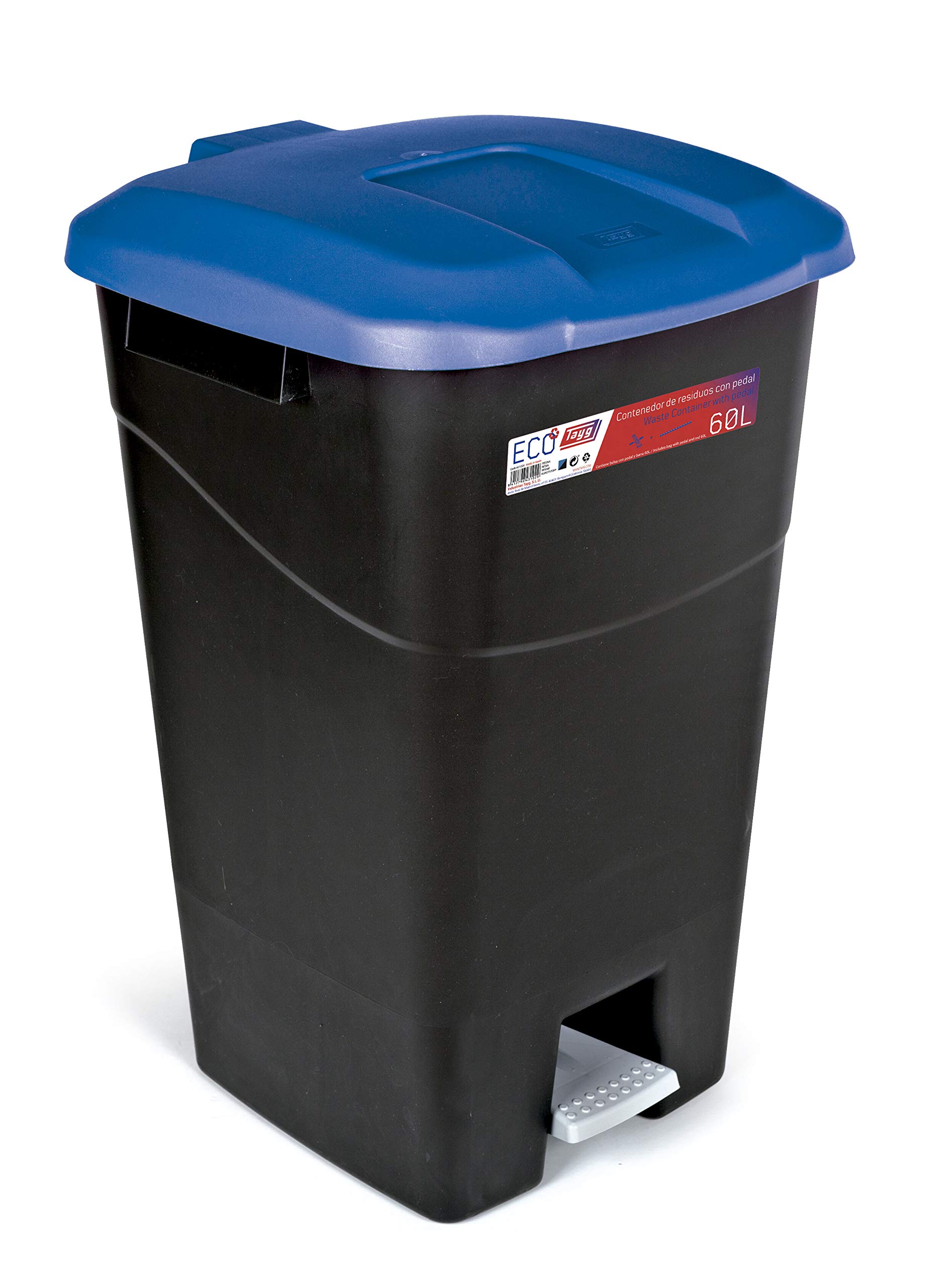 Tayg - 60 litre waste container with pedal, black base and blue lid