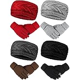 Janmercy 8 Pack Women Winter Headbands and Gloves Sets Fuzzy Fleece Lined Ear Warmer Touch Screen Elastic Knit Gloves Women