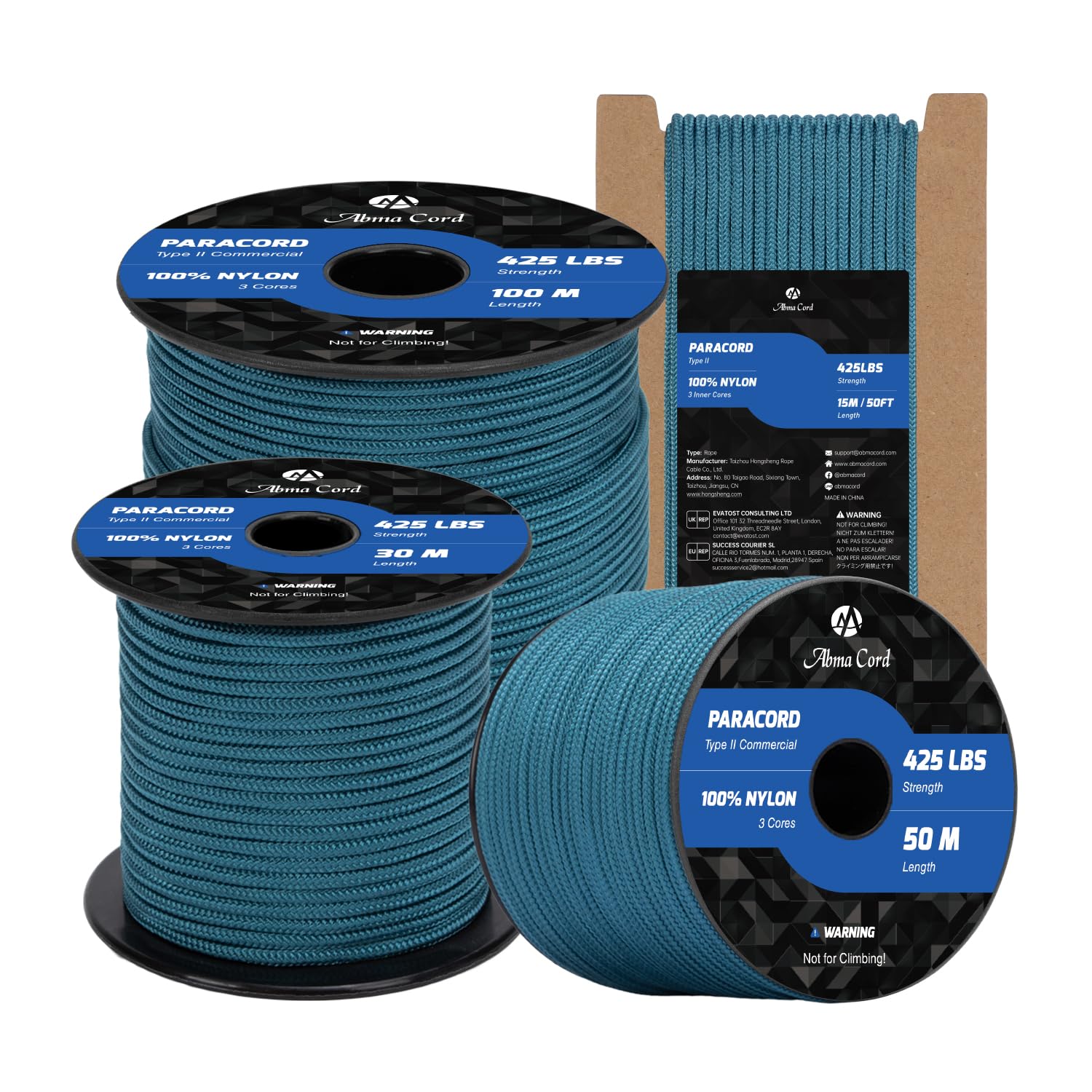 Abma Cord Paracord 3mm 100m 100% Nylon Rope Type II 3 Strands Parachute Cord - Max. 192kg (425lbs) - Teal