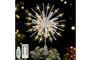 Lewondr Christmas Snowflake Tree Topper, 12.2in Xmas Tree Topper with Glittered Epoxy & 30 LED Bulbs, Remote&USB Powered Snowflake Treetop, Christmas Tree Decor for Home Party, 6H Timer&8 Modes,Silver