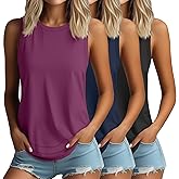 Ficerd 3 Pack Women's Cotton Tank Tops Sleeveless Crew Neck Summer T-Shirts Side Curved Hem Loose Casual Blouses(Black, Navy Blue, Fuchsia,M)