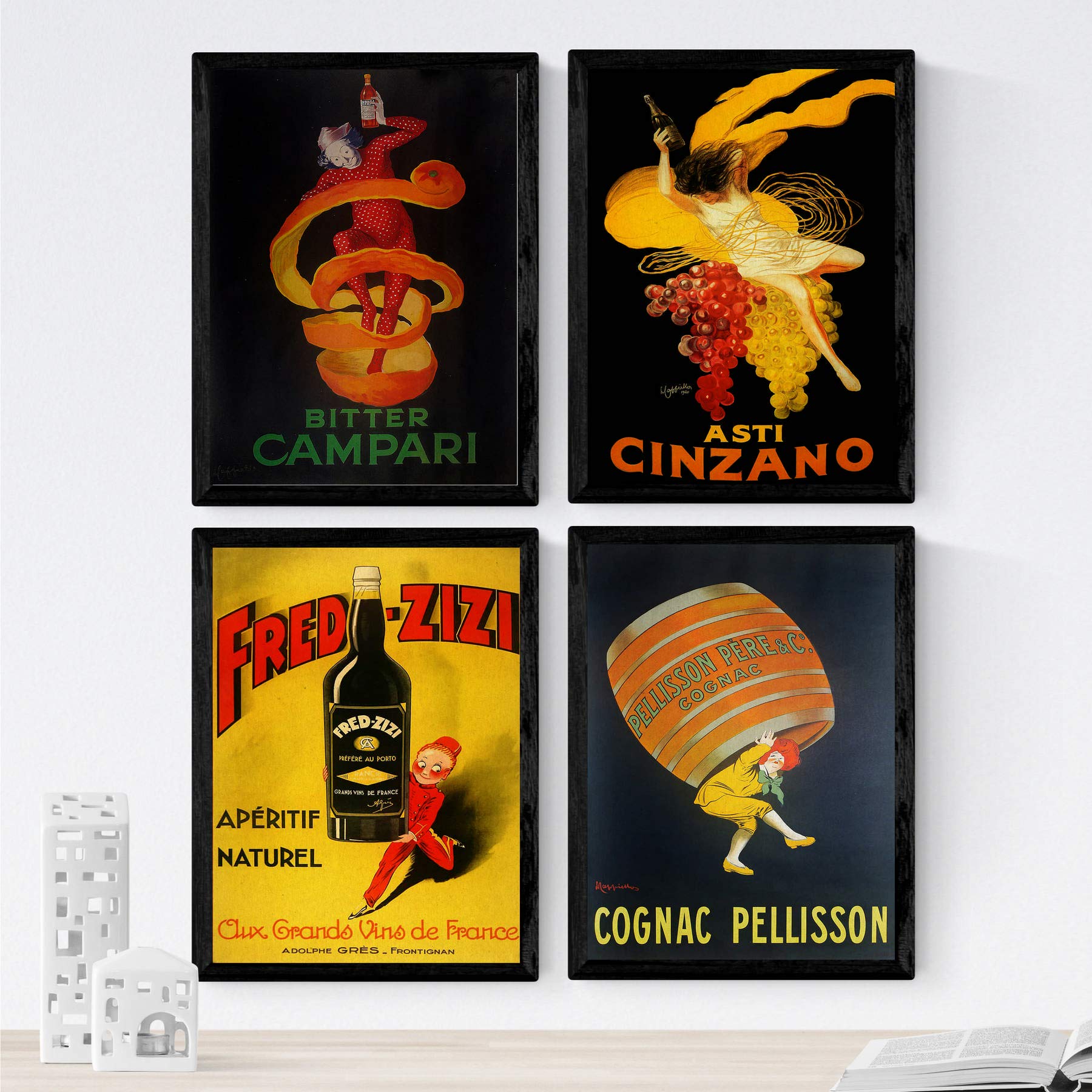 Nacnic Posters vintage. Old posters with ads. Four vintage liquor posters. Campari, Cinzano, Cognac. A3 size
