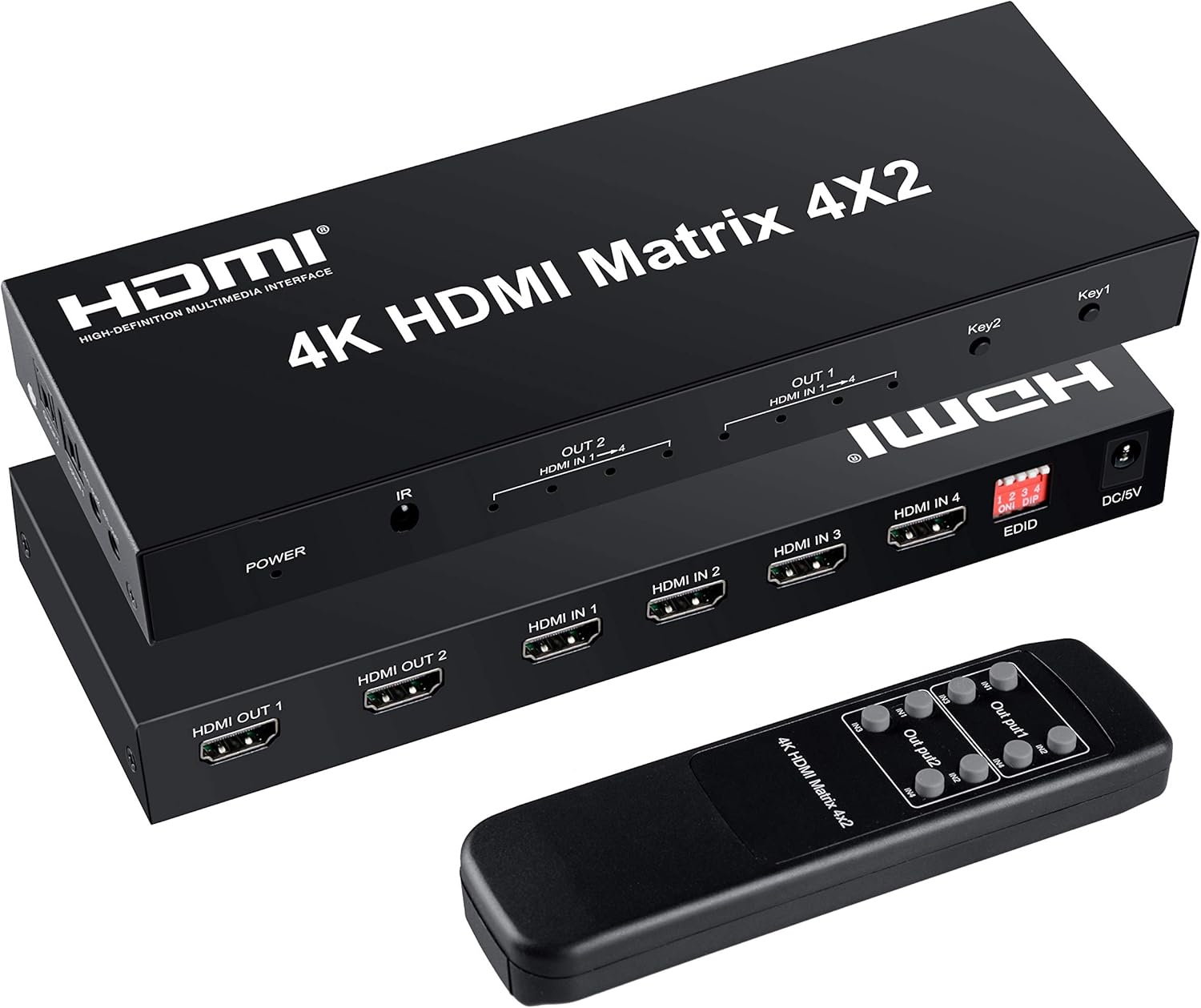 FERRISA 4x2 HDMI Matrix Switch,4 in 2 Out Matrix HDMI Video Switcher Splitter +Optical & L/R Audio Output,Support Ultra HD 4K x 2K,3D 1080P,Audio EDID Extractor with IR Remote Control & Power Adapter: Home Audio & Theater