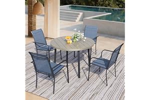 Stabrech 5 Pieces Patio Dining Set for 4, Blue Patio Stackable Chairs and Honey Oak Round Table Set of 4, Outdoor Furniture Set with Sling Support for Outside, Garden