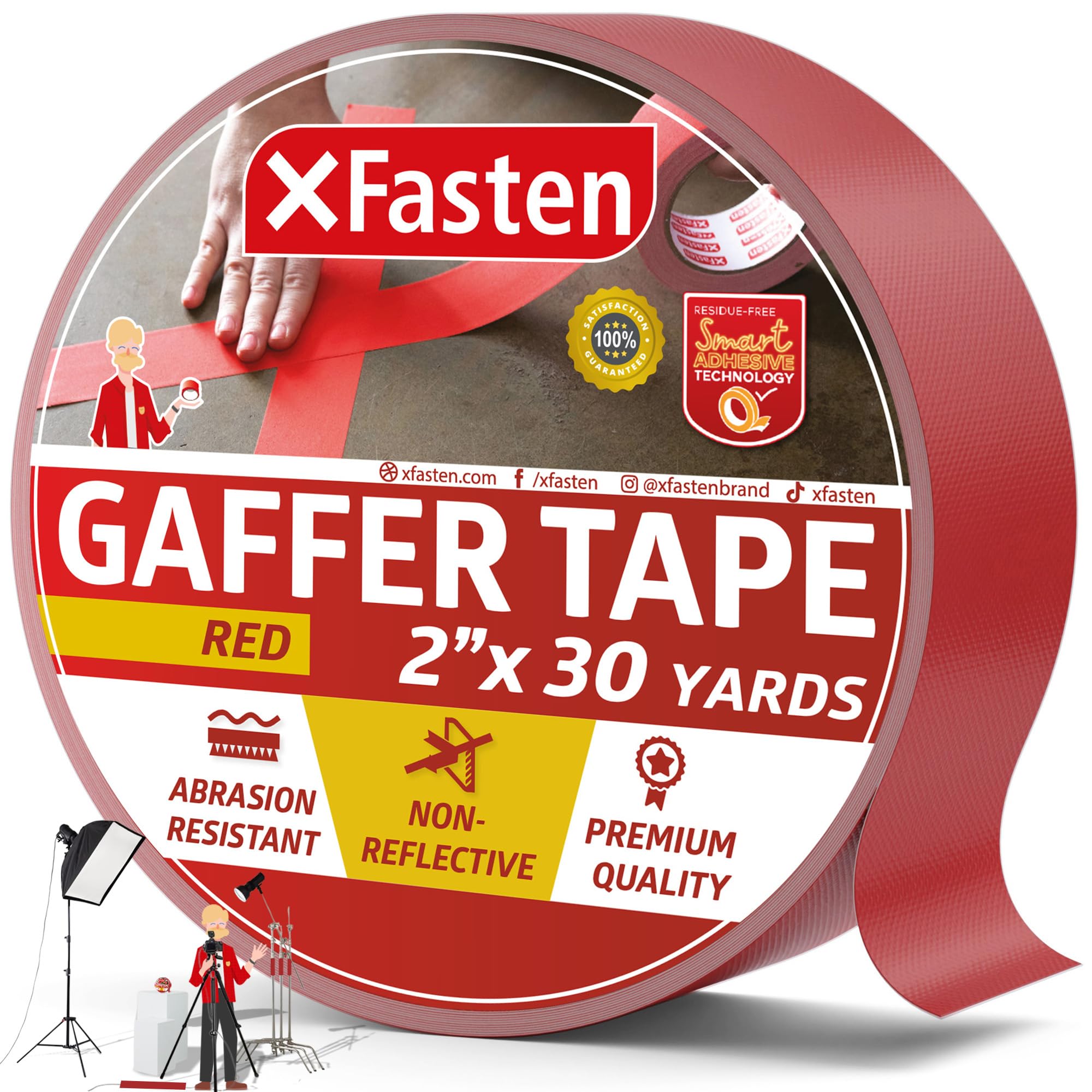 XFasten Red 2 Inch x 30 Yards Gaffer Tape, No Residue, Non-Reflective Matte Finish, Heavy Duty, Ideal Partner for Black Gaffers Tape