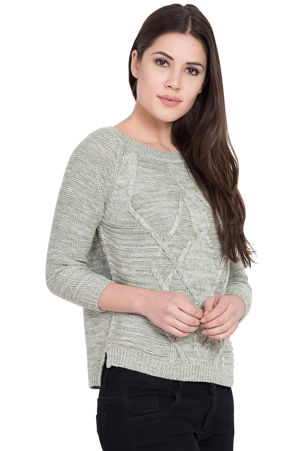 boxymoxy green white mix three-fourth sleeves cable sweater for girls & women