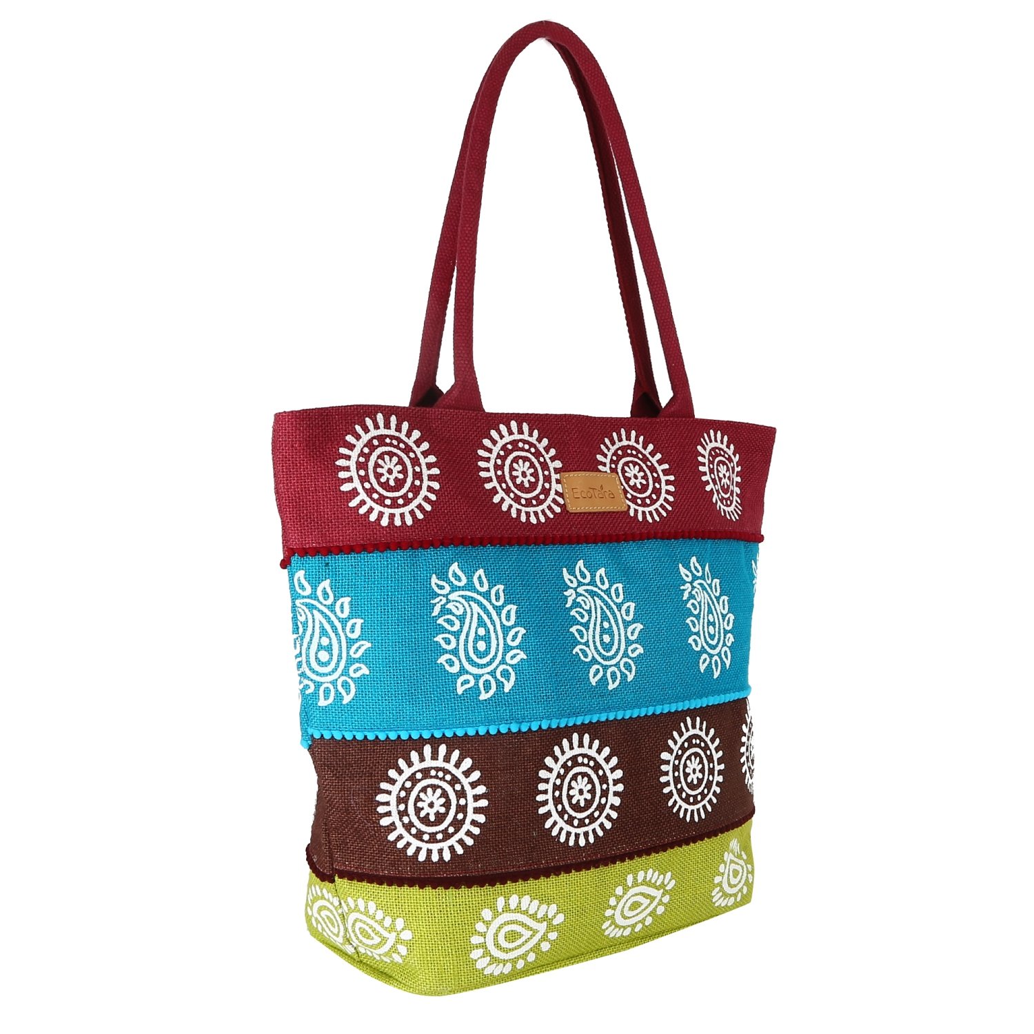 ecotara rangoli designer jute tote bag-maroon