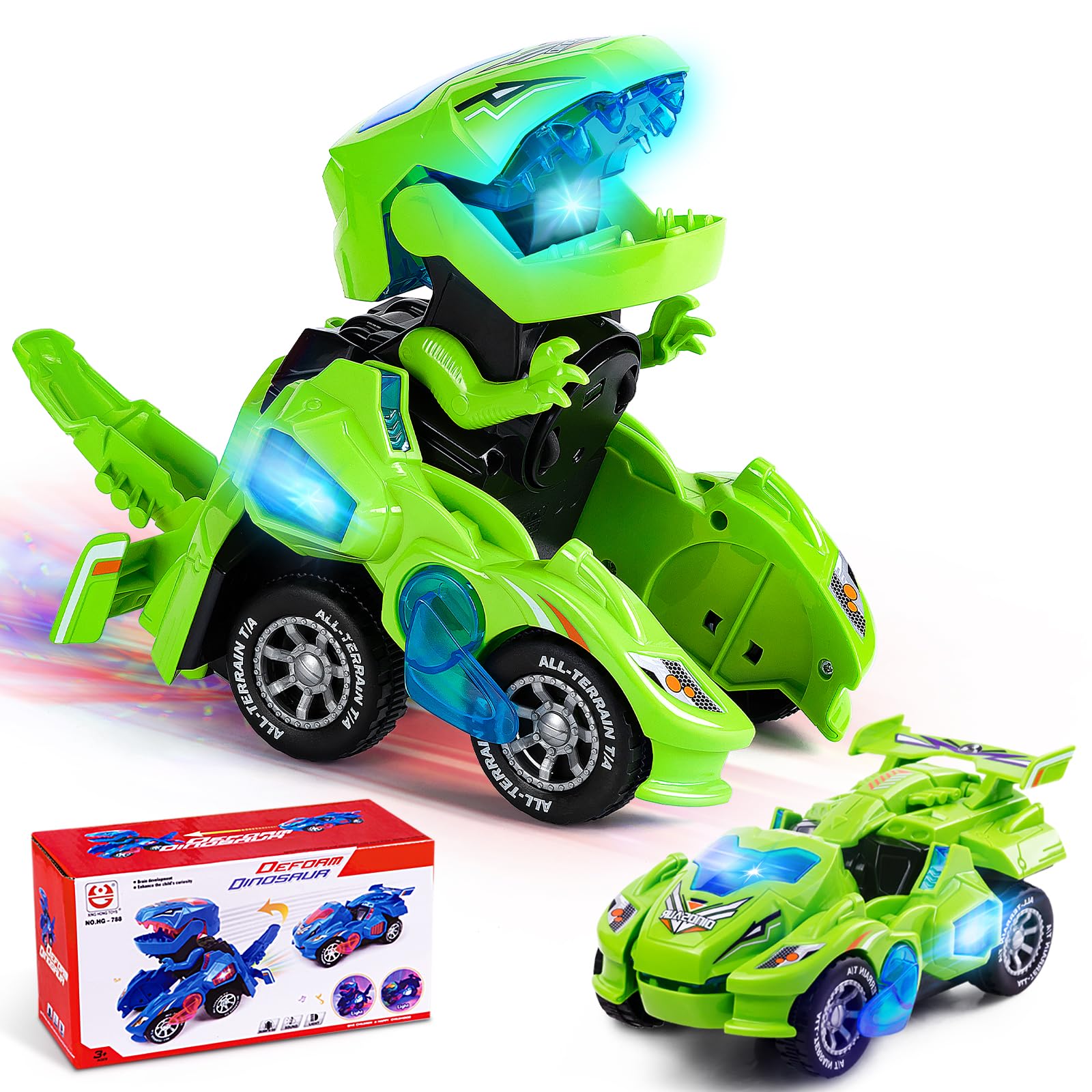 Yellcetoy Dinosaur Transforming Car, Dino Toys with Flashing Lights and Sound for Boys Girls Age 3-7 Automatic Electric Transform Cars Toy Birthday Xmas Gifts for Kids 3 4 5 6 7 Years Green