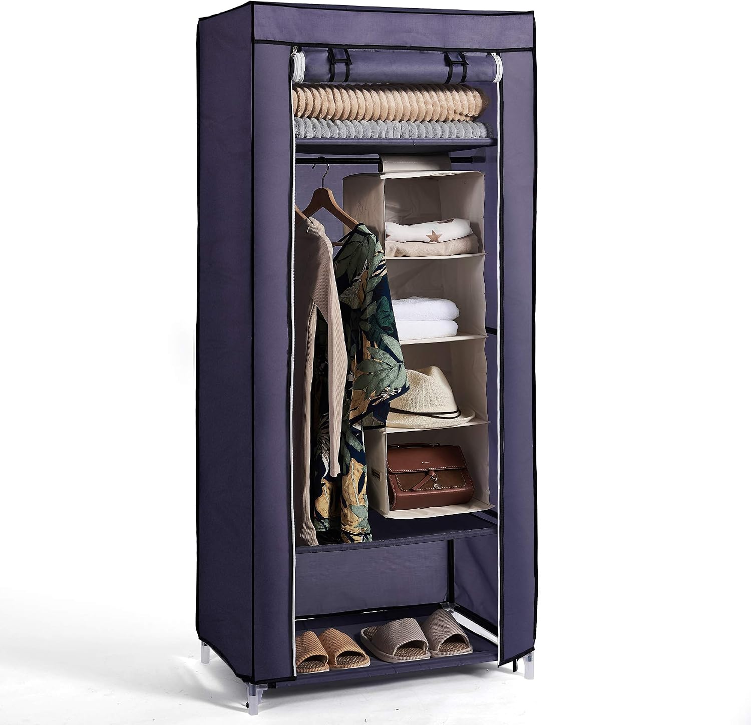 Hododou Portable Wardrobe Single Wardrobe Storage Organizer with Hanging Rail Foldable Closet for Clothes Bags, Toys, Shoes