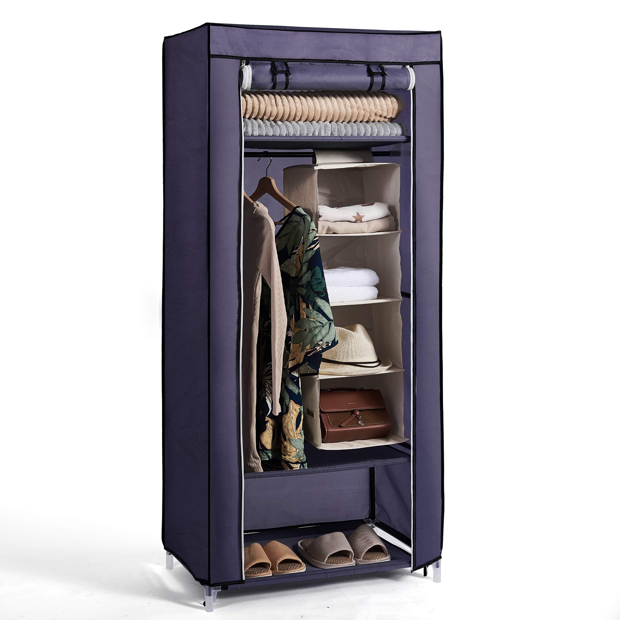 Hododou Portable Wardrobe Single Wardrobe Storage Organizer with Hanging Rail Foldable Closet for Clothes, Bags, Toys, Shoes, Living Room, Bedroom 160 x 69 x 43CM