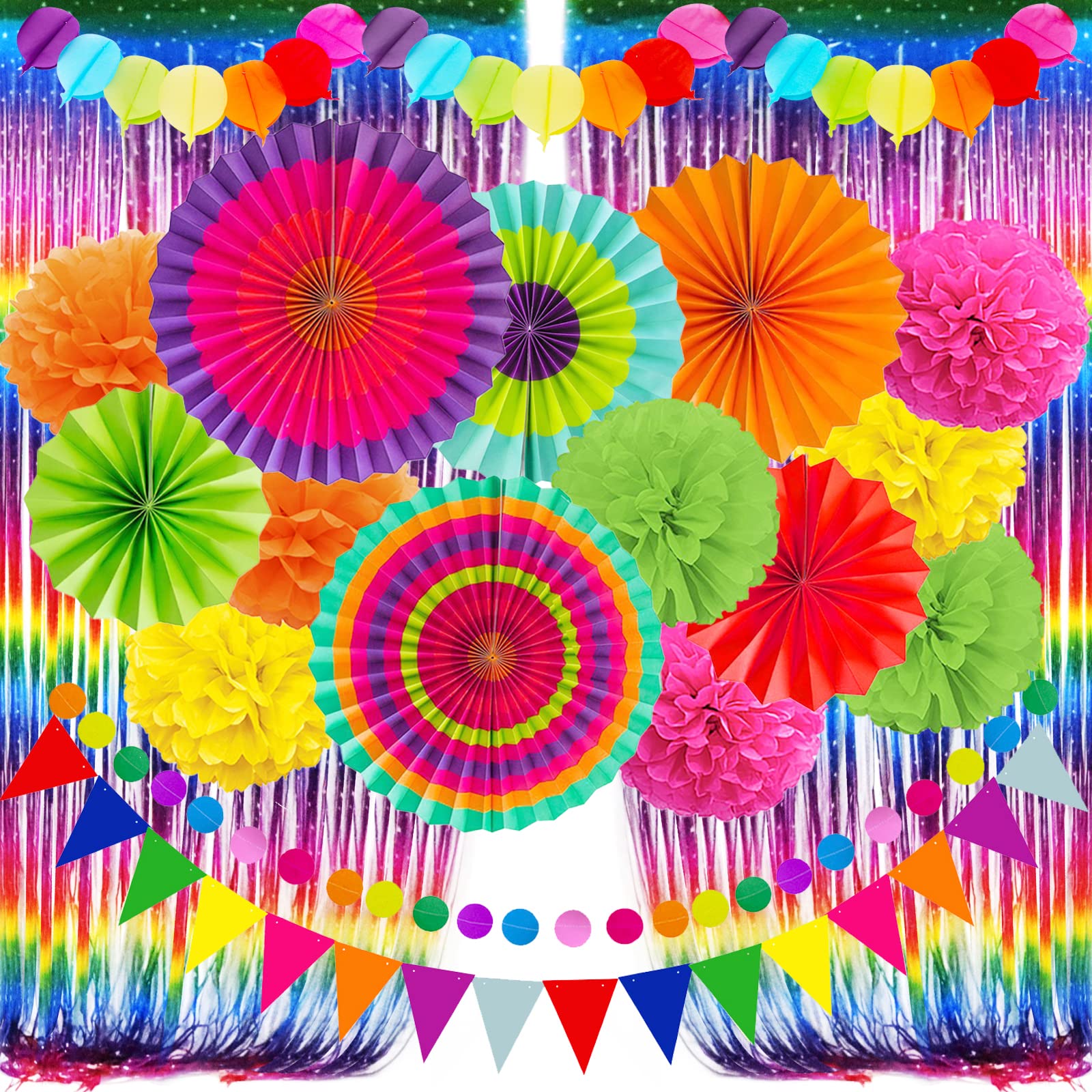 ZERODECO Fiesta Paper Fan Party Decorations Set, Multicolor Cinco De Mayo Pom Poms Pennant Garland String Banner Fringe Curtains Mexican Coco Carnivals Festivals Party Supplies
