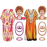 Chicingyou 10pcs Landlady Bulk Costume Set Curly Brown Wig Print Caftan Dresses Jewelry Set for Halloween Women Cosplay Party(Pink,Novel)