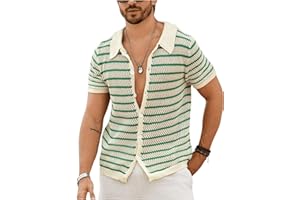 Verdusa Men's Hollow Out Knit Button Down Short Short Sleeve Striped Crochet Cardigan