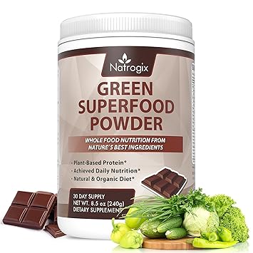 Green Superfood Chocolate, Natrogix Greens Powder Drink, Plant-Based Protein with Rich Vitamins, Minerals, Antioxidant Fruits, Wheatgrass, Barley Grass, Spinach, Alfalfa, Spirulina, Probiotics -8.5 Oz