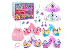 Hechify Princess Dress Up for Girls Ages 3-6, with Crystal Shoes, Crowns, Necklaces, Earrings, Rings, Bracelet and Handbag, M