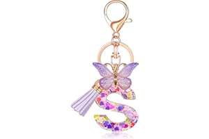JINGUAZI Initial letter Keychains for Women Tassel Butterfly Pink Purple Cute Car Keychain for Wallet Backpack bag charm