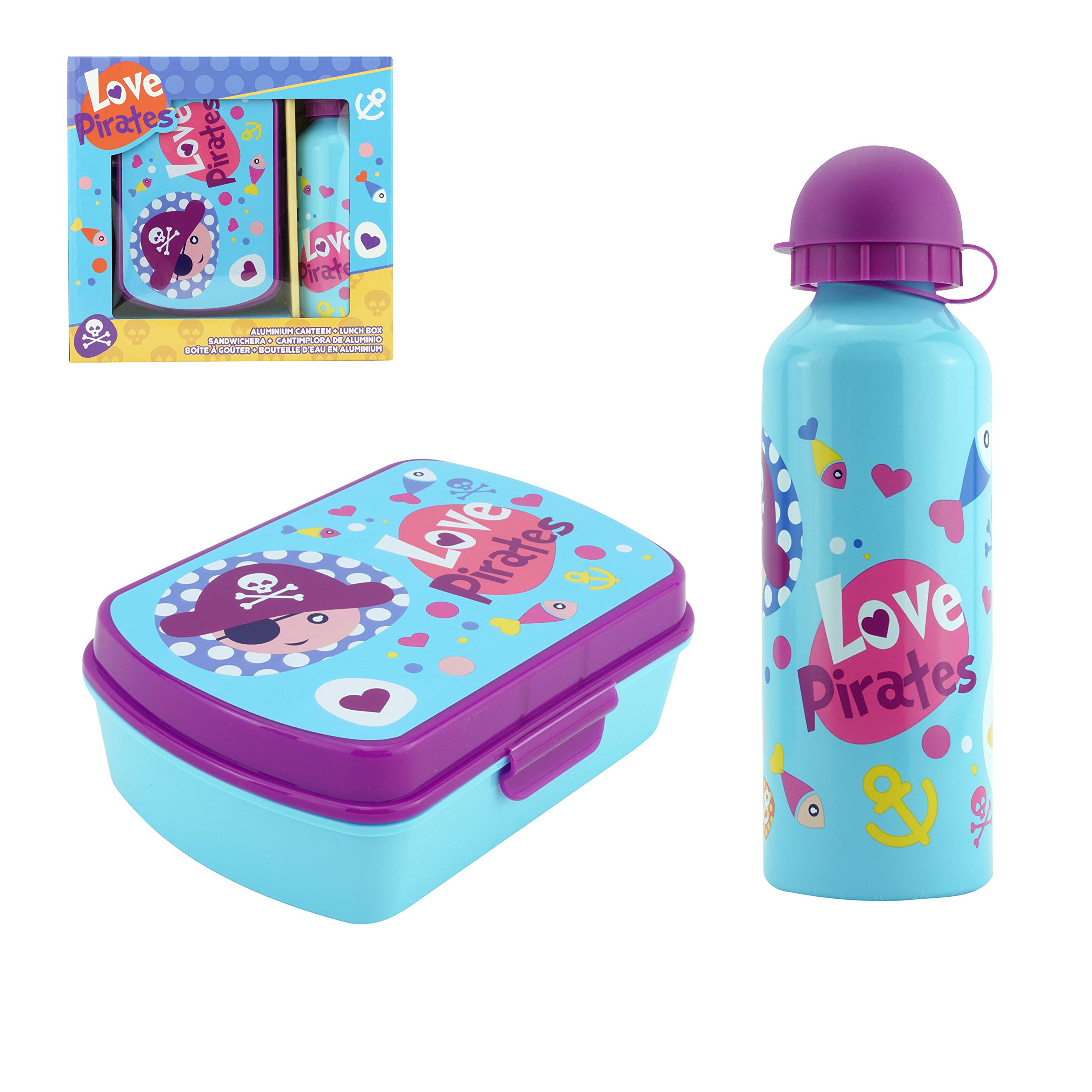 Licensed 2Pcs Kids Love Pirates Lunchbox and Sports Water Bottle Set Travel Picnic Set for Girls and Boys