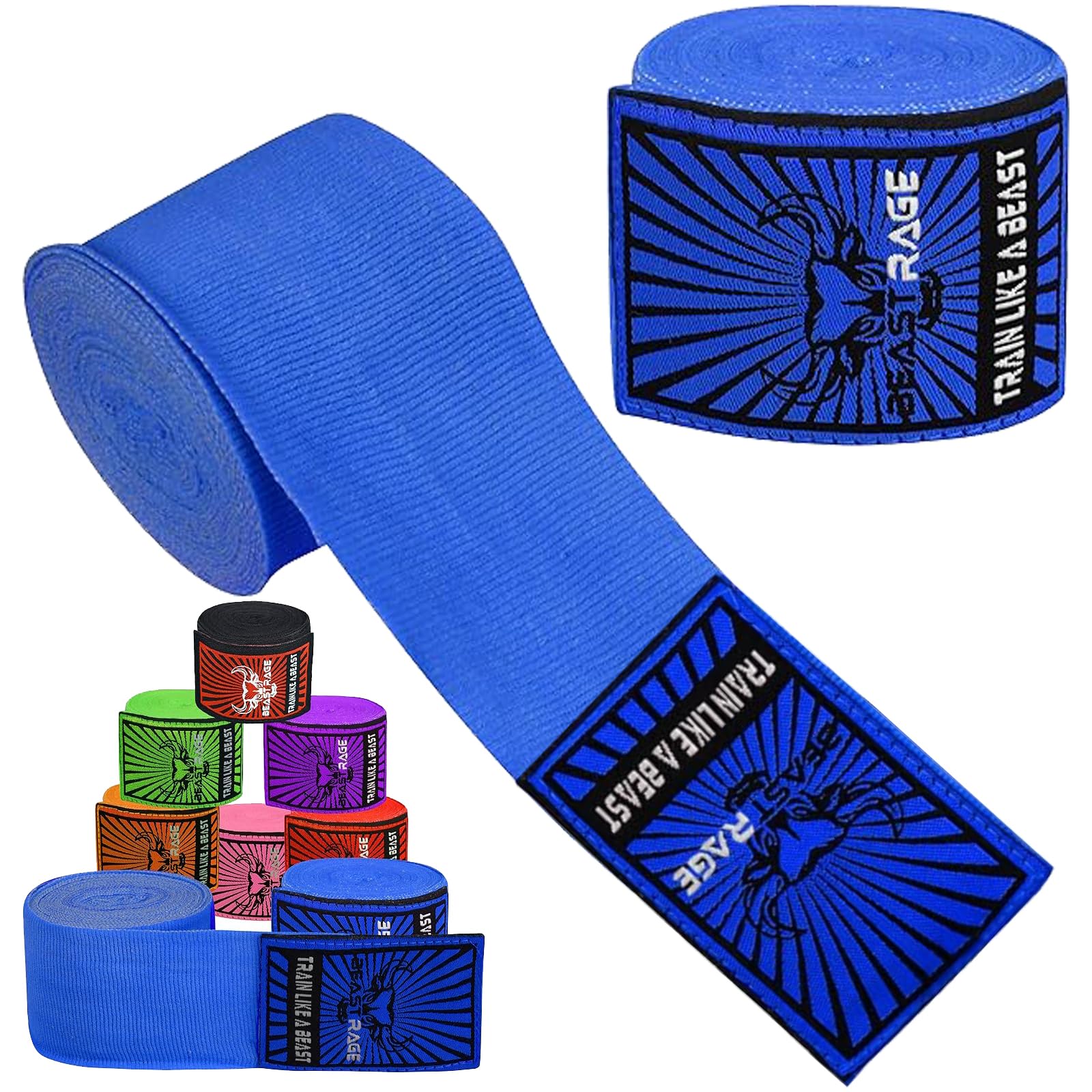 BEAST RAGE Boxing Hand Wraps Men Protection MMA Support Inner Gloves Martial Arts Training Wrapper Punching Combat Sports Muay Thai, under Mitts 4.5 Meter Elasticated Bandages (4.5 M, Blue)