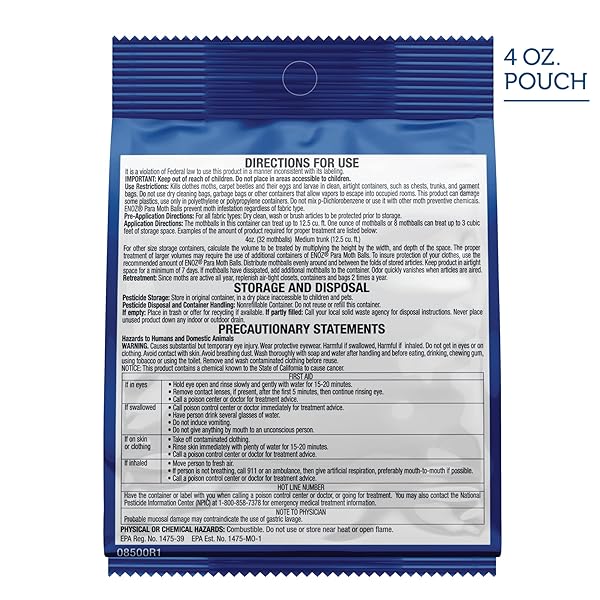 ENOZ PARA MOTH BALLS, KILLS CLOTHES MOTHS AND CARPET BEETLES, NO CLINGING ODOR,