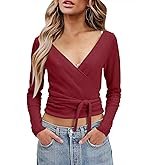 PRETTODAY Women's Wrap Knit Sweater V Neck Tie Front Long Sleeve Casual Pullover Tops