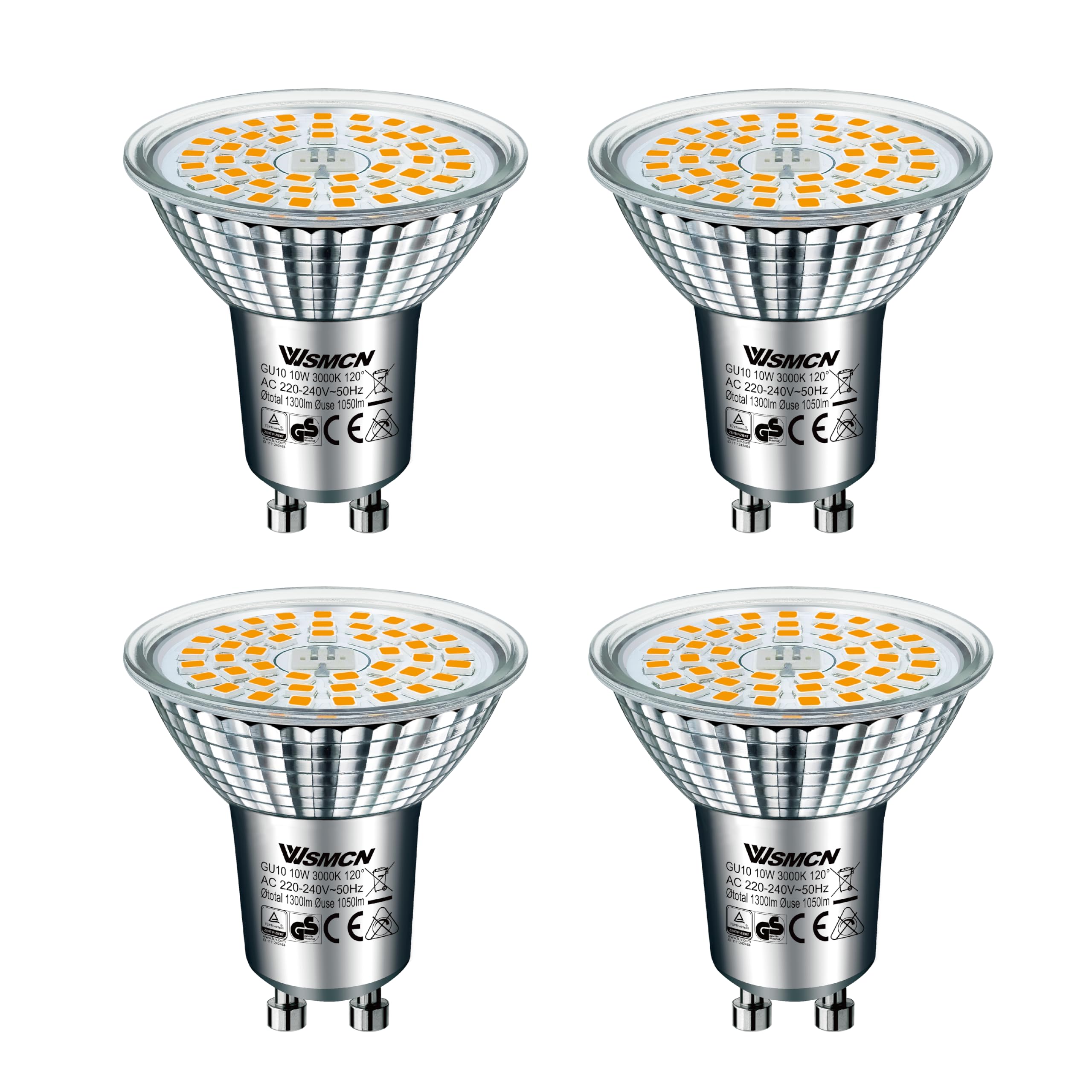 WSMCN GU10 LED Bulbs 10W, Warm White 3000K 1050lm, 140W Halogen Bulb Equivalent, Energy Saving Light Bulbs, PAR16 Spotlight Bulb, 120°Beam Angle, Non Dimmable, Pack of 4
