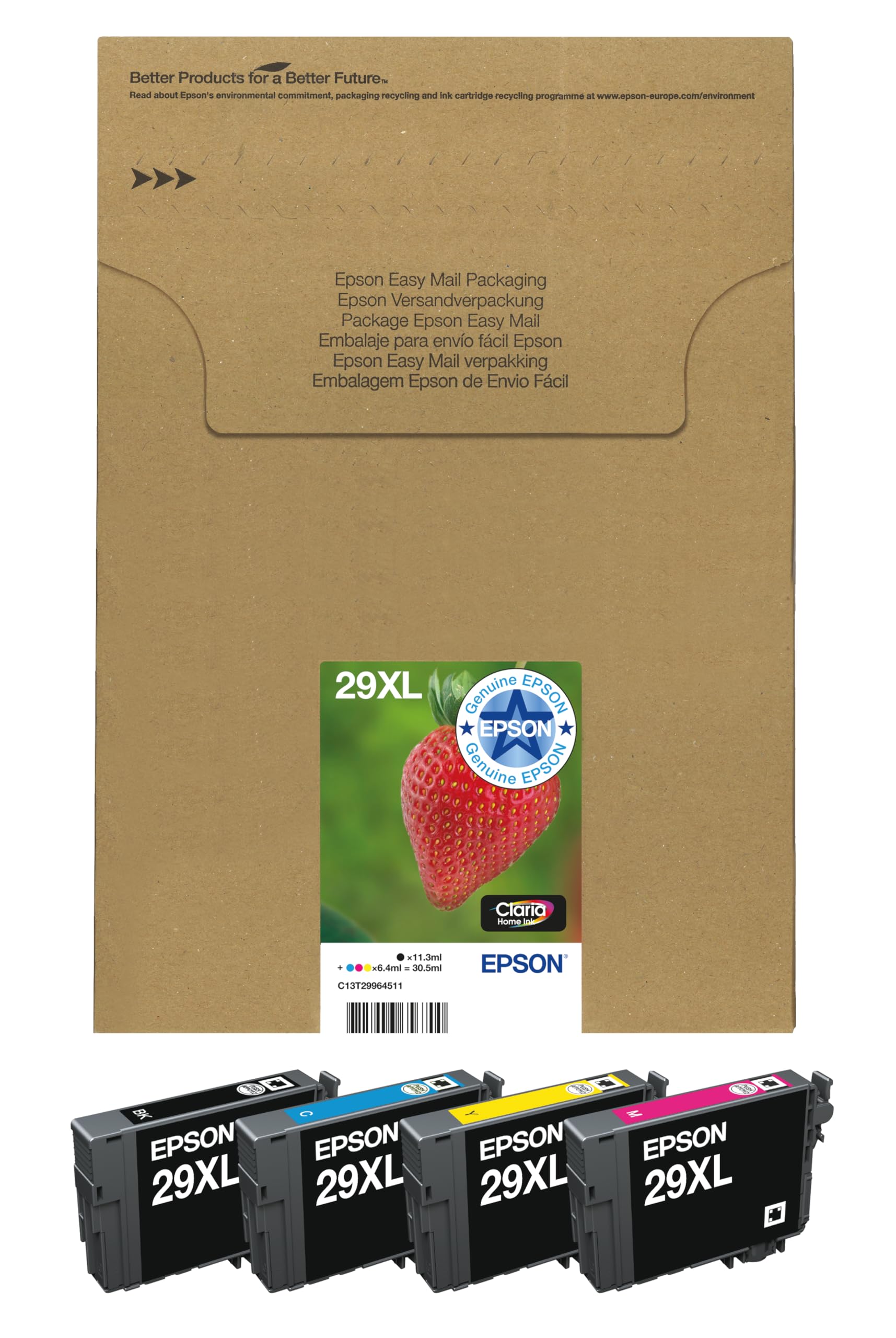 Epson 29XL Strawberry High Yield Genuine Multipack, Eco-Friendly Packaging, 4-colours Ink Cartridges, Claria Home Ink