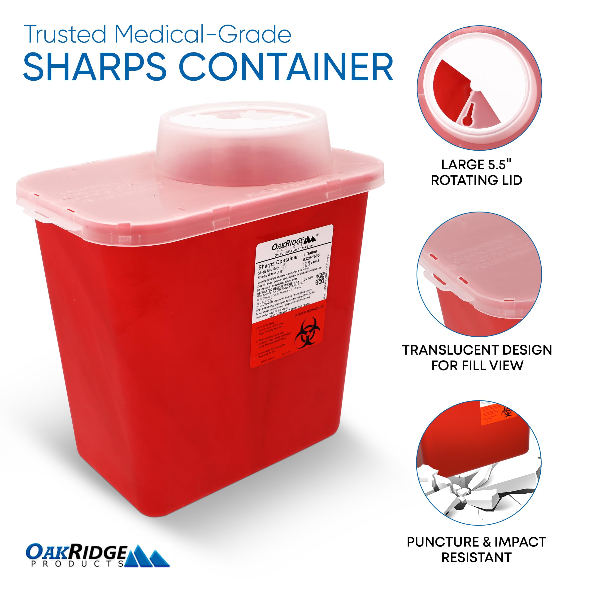 Oakridge Products Large Sharps Container for Home Use and Professional 2 Gallon (1-Pack) with Chimney Top, Biohazard Needle and Syringe Disposal, CDC Certified
