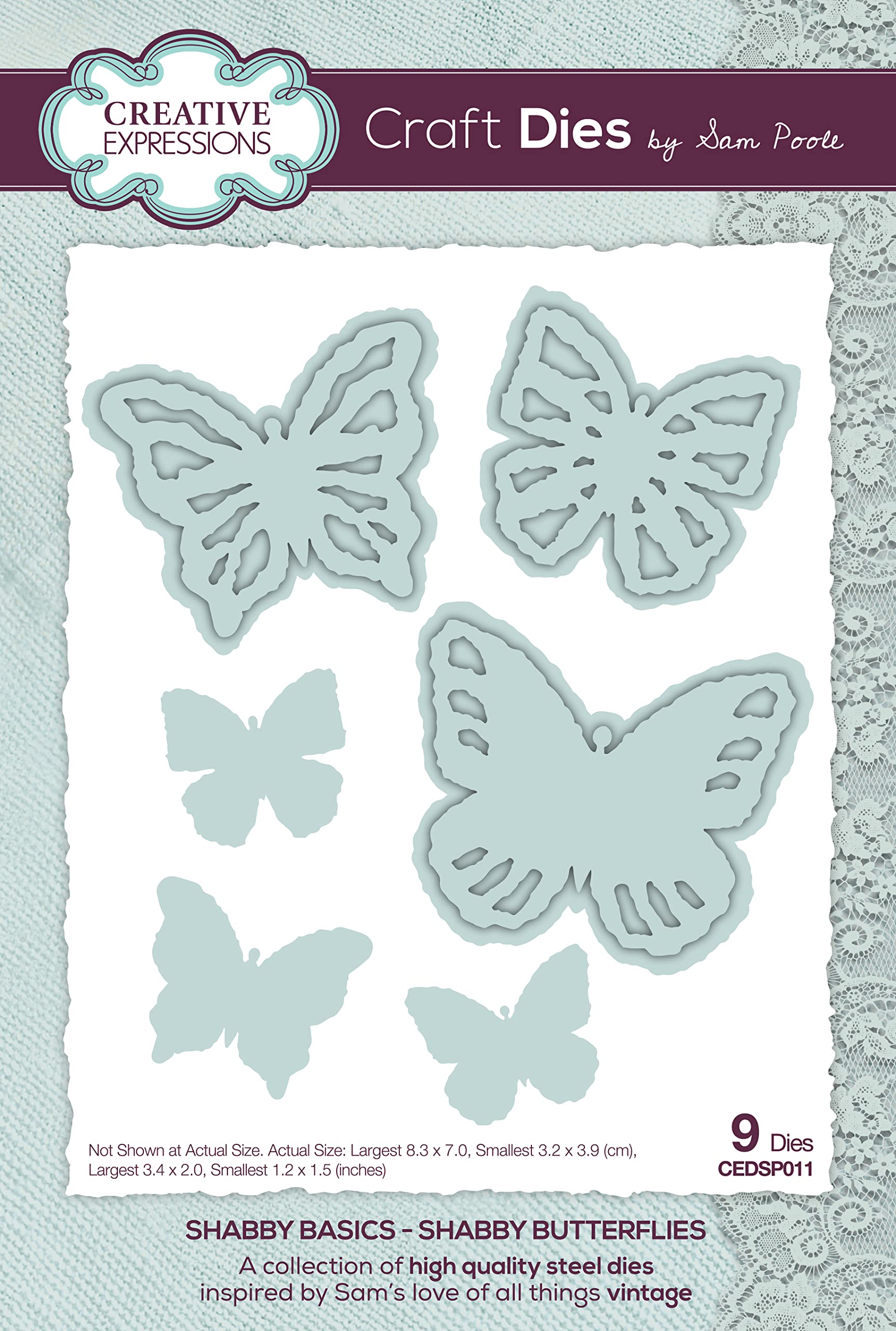 Creative Expressions Sam Poole Basics-Shabby Butterflies-Craft, Metal, Largest die 8.3 x 7 cm