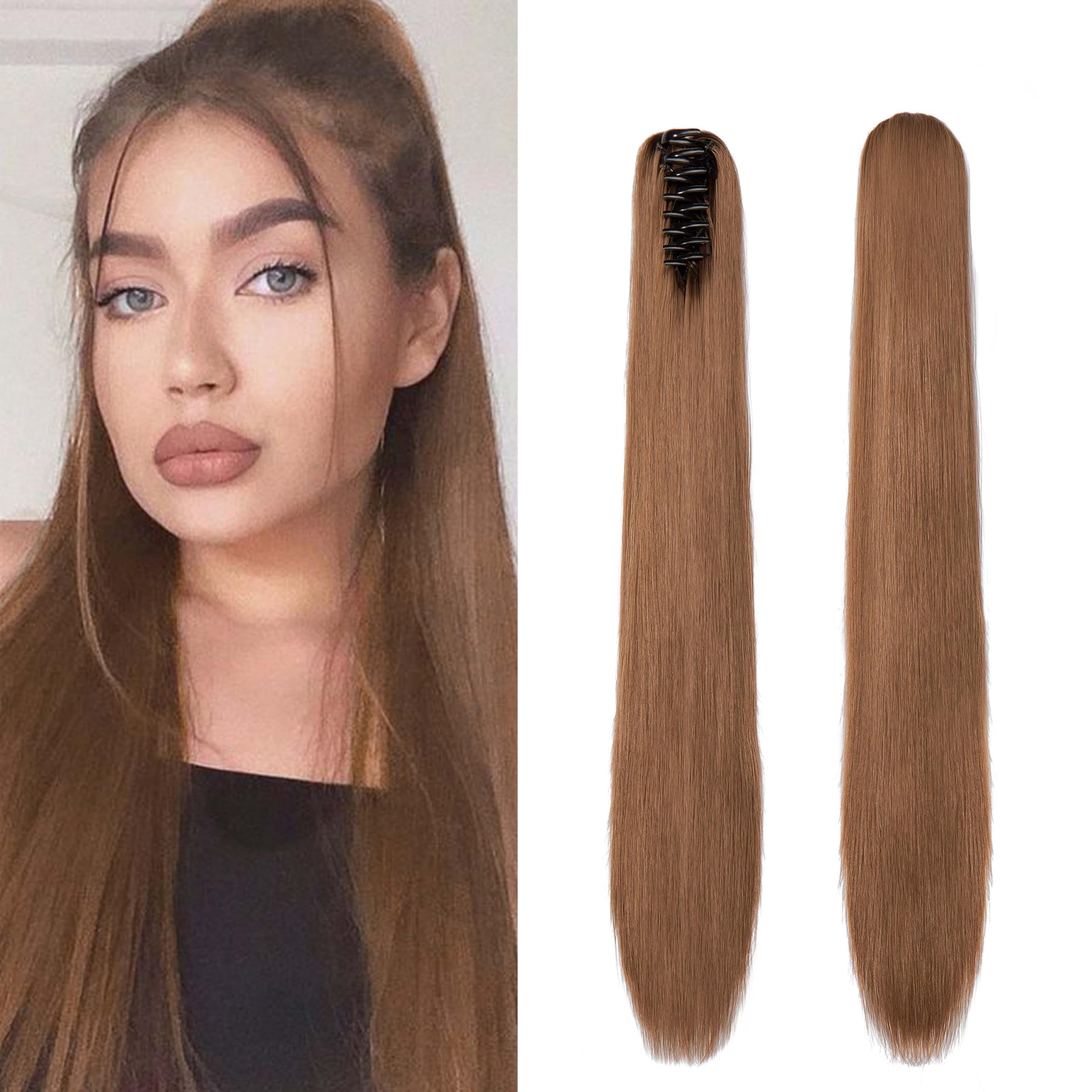 Gairyan Clip in Ponytail Hair Extensions 24 inch Ponytail Extension Long Straight Pony Tails Claw on Ponytail Synthetic Hairpieces for Women Soft Natural Look (Golden Brown)