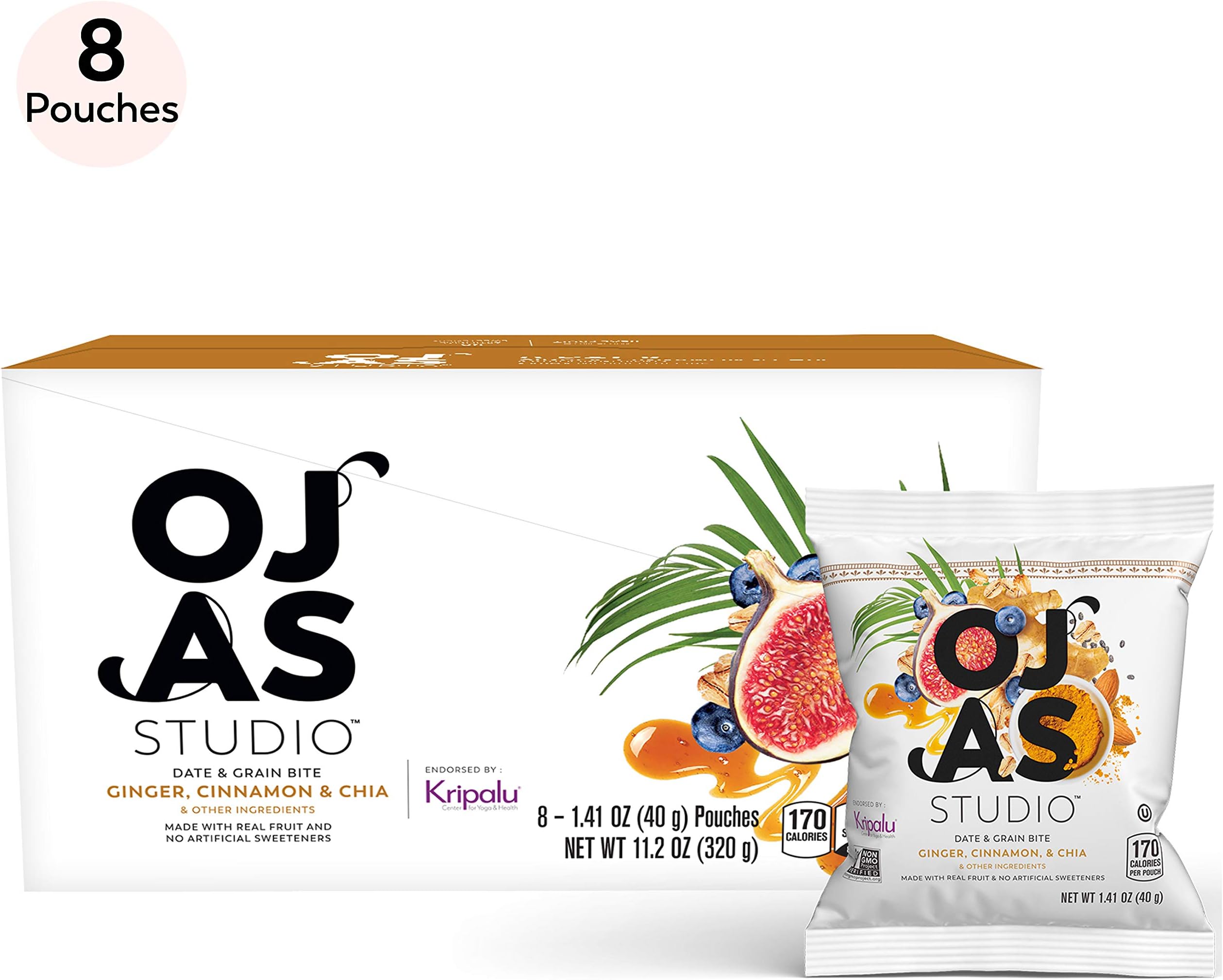 OJAS STUDIO Date & Grain Bites, Zesty Ginger, 8 Pouches, 5-7 bites per Pouch, made with organic dates & oats, no artificial sweeteners