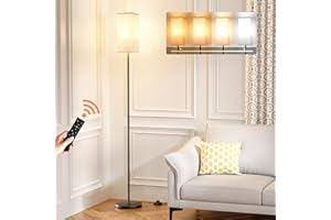 Ambimall Floor Lamps for Living Room - Remote Control, 9W Stepless Dimmable Bulb, Foot Switch, Color Temperatures, 64'' Tall Standing Lamp, Beige Lampshade, Reading Bedroom,Office (Black)