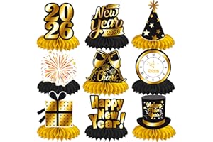 UMONI Happy New Year Honeycomb Centerpieces 2026 New Year's Eve Table Decorations 12Pcs New Year Theme Party Supplies Black and Gold Cheers to 2026 Centerpieces for Countdown Party Decor