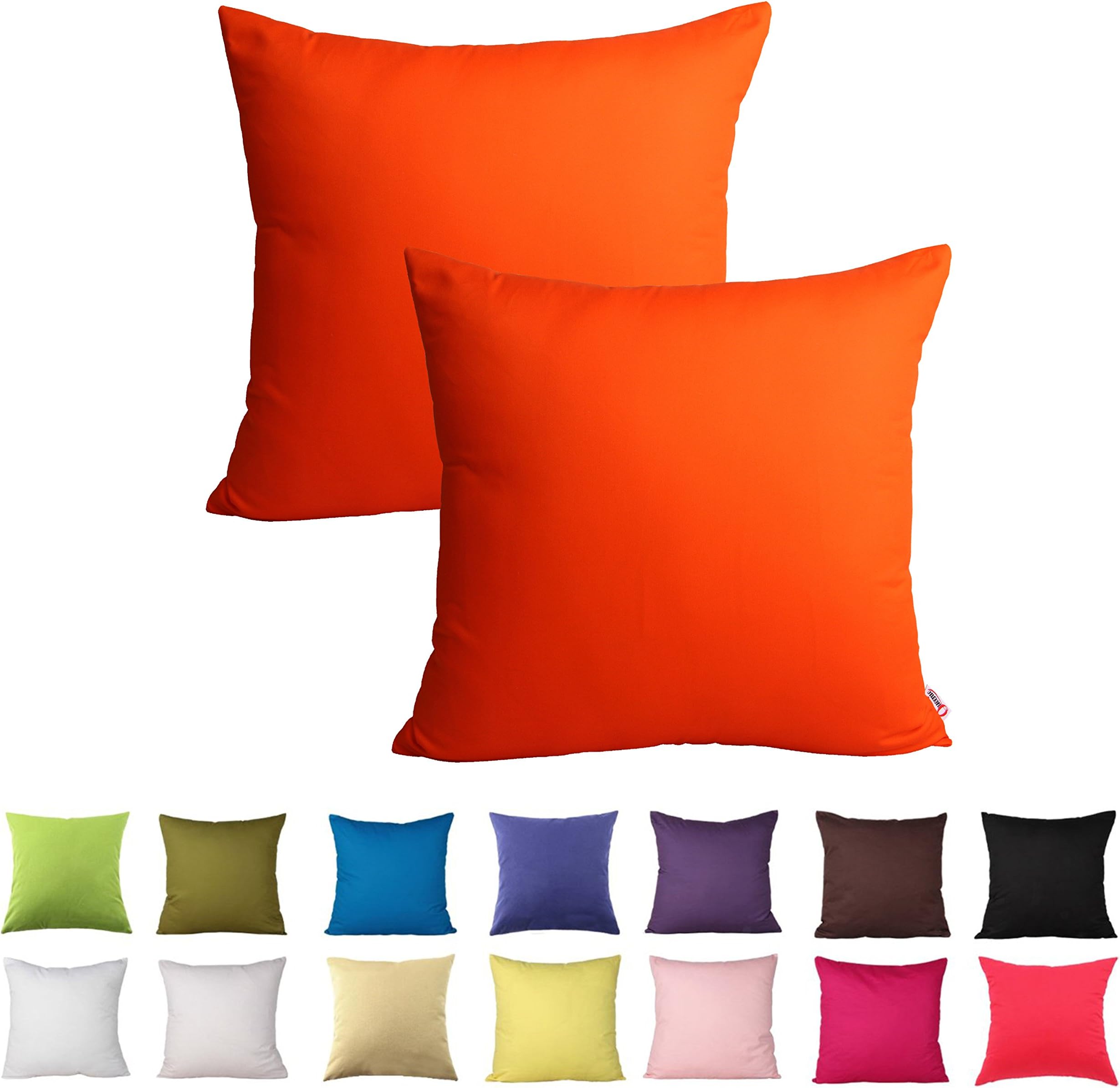 Queenie - 2 Pcs Solid Color Cotton Decorative Pillowcase Cushion Cover for Sofa Throw Pillow Case Available in 14 Colors & 5 Sizes (22 x 22 Inch (55 x 55 cm), Orange)