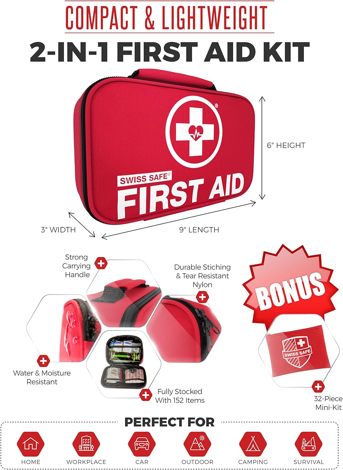 Swiss Safe 2-in-1 First Aid Kit (120 Piece) + Bonus 32-Piece Mini First Aid Kit: Compact, Lightweight for Emergencies at Home, Outdoors, Car, Camping, Workplace, Hiking & Survival : Sports & Outdoors