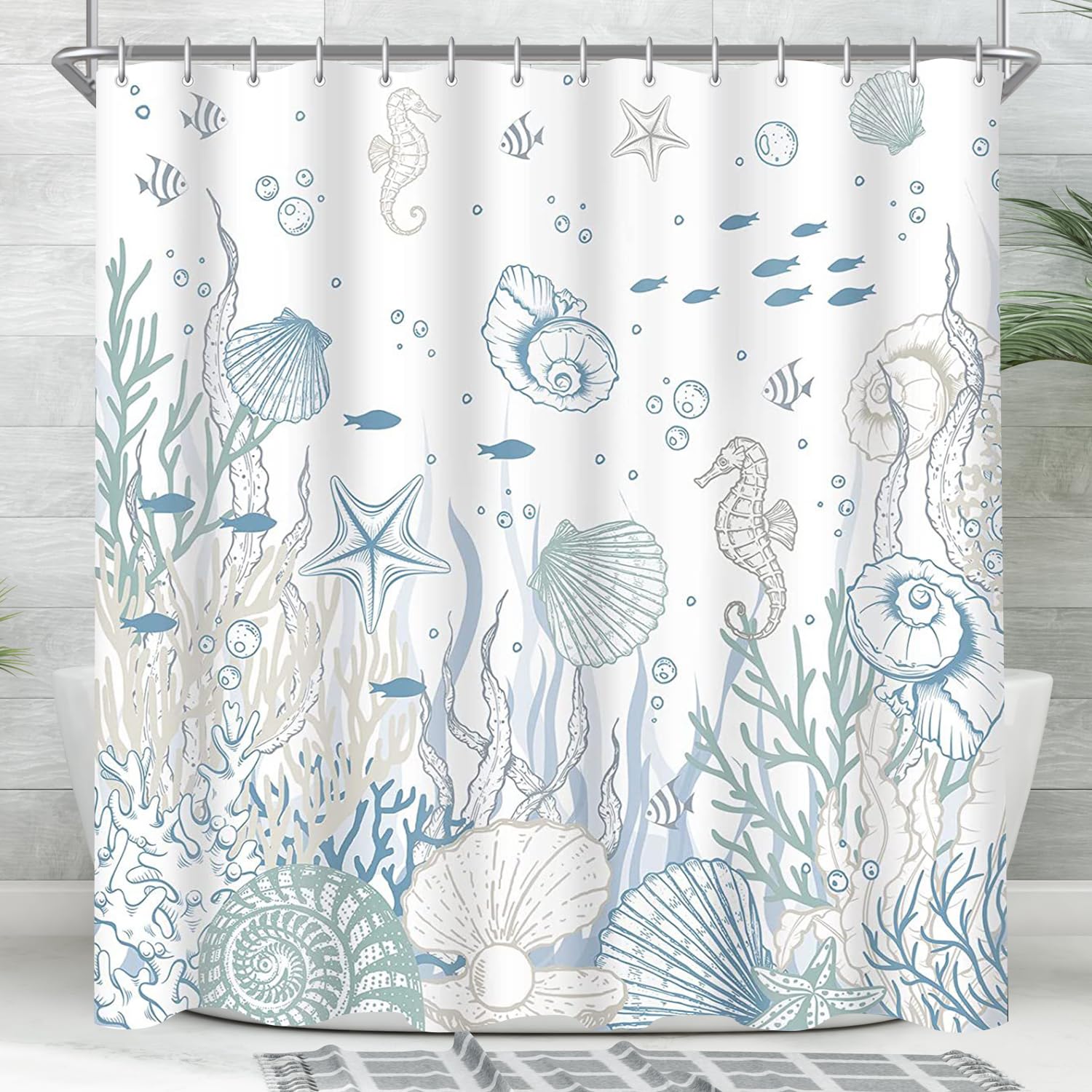 Lerores Shower Curtain 100 x 200 cm, Submarine Seahorse Anti-Mould Textile, Weighted Hem, Water-Repellent, Washable Polyester Bath Curtains with 6 Eyelets and Shower Curtain Rings for Bathroom,